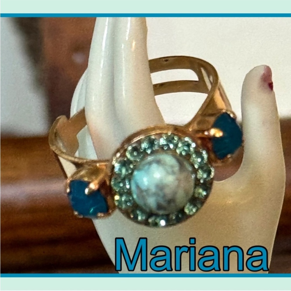 🩵Mariana Ring Turquoise Blue Gemstone Cluster, with Side Stones - Sz Adjustable